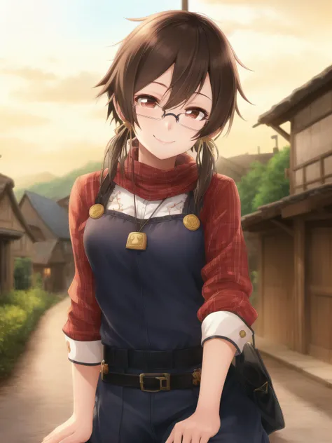 sksshino, 1girl, smile, closed mouth, glasses, village background, solo, best quality, high quality, highly detailed, intricate details, highres, absurdres, masterpiece, <lora:sinon-v2:0.8>