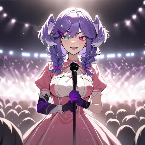 rating: general,  <lora:Selen_Tatsuki_SDXL:1>, selen tatsuki, braid, twin braids, 1girl, solo, holding microphone, dress, heart, looking at viewer, breasts, smile, two side up, idol, open mouth, short sleeves, upper body, hair ornament, on stage in front o...