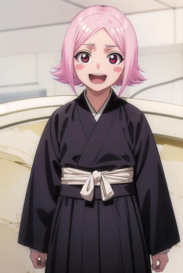 a close up of a person in a black robe with pink hair