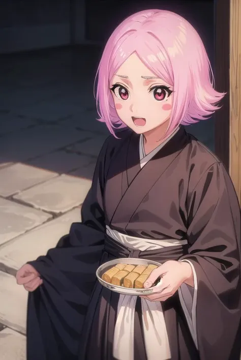 anime girl with pink hair holding a plate of cookies