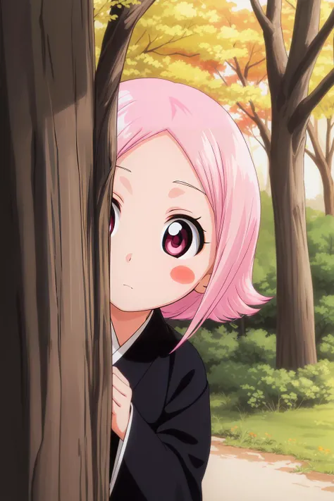 a girl with pink hair peeking out from behind a tree