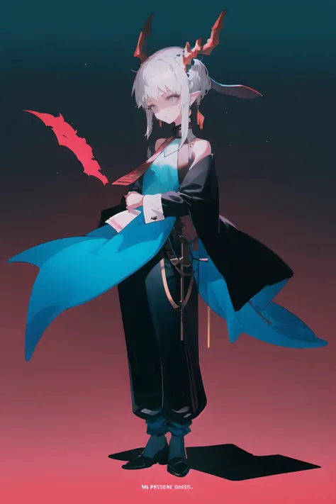 a drawing of a woman with white hair and horns holding a blue and red umbrella