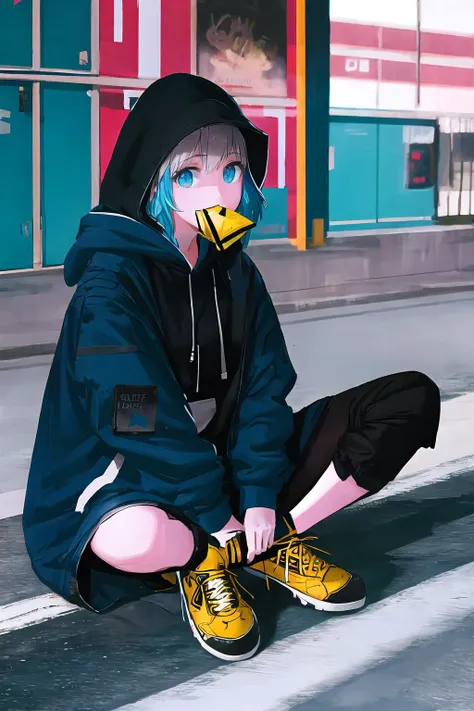 anime girl with blue hair and yellow shoes sitting on the curb