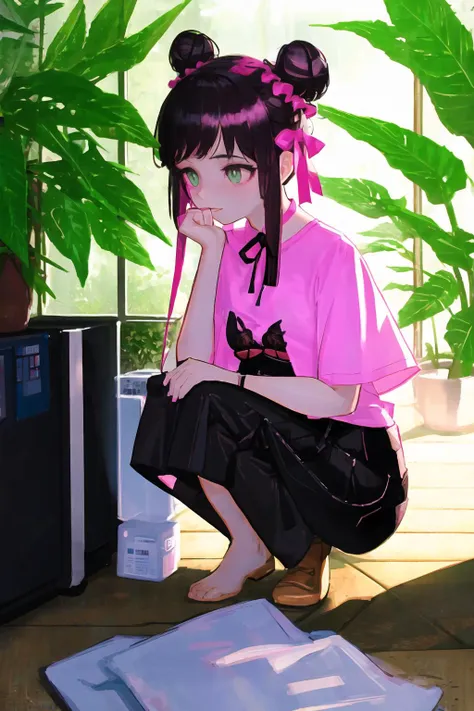 anime girl in pink shirt sitting on floor next to a tv