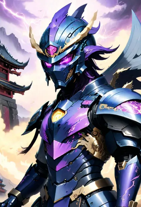 (Masterpiece:1.9), ninja, thunder dragon cyper robot, ultra high res, best quality, in the middle of battle background, fantasy world style, violet eyes, Thunder god, face focus