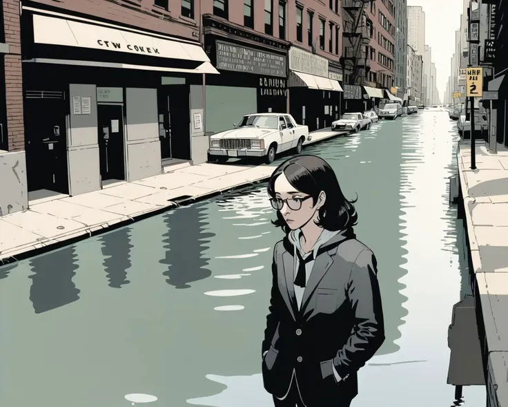 ((wearing a Blazer over a hoodie)), half submerged in dark water,in a bombed out New York city street,art by Adrian Tomine, (a photocopy art)