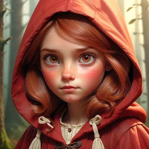 masterpiece, photorealistic, sharp, 1 cute english girl, little red riding hood, delicate skin texture, natural skin grain,fair skin, light ivory eyes, copper brown textured hair, colorful, dawn, eerie mist