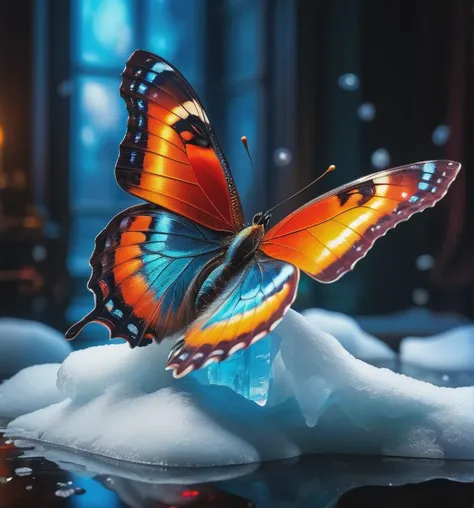 butterfly on ice with reflection in dark room