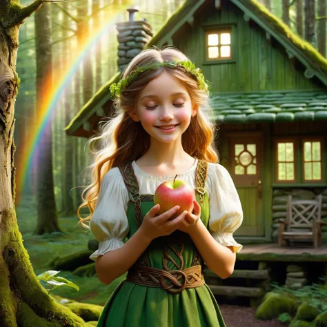 a lovely Celtic girl, in front of a forest cabin, cradling an apple in both hands, happily eating it, her eyes closed in happiness, her head rising slightly as the tindal light shines on the cabin behind her,
1girl, solo, celtics, a forest treehouse in a r...