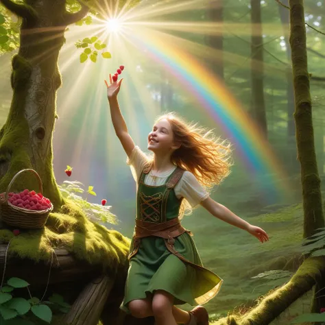 a Celtic girl, happily tossing raspberries into the air, the sunlight filtering through the trees, the effect of tindal light in the distance,five fingers,
1girl, solo, celtics, a forest treehouse in a rainbow, moss, Englander style,
full body, masterpiece...