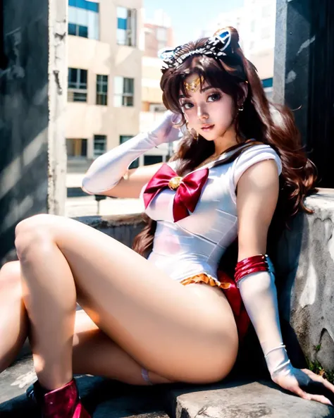 (RAW 8k photo),1girl, sailor moon outfit,legs,thighs,curvy,sitting,flowing brown hair, looking at viewer,Exquisite visuals, high-definition,masterpiece,best quality, <lora:Sailor Outfit:1>