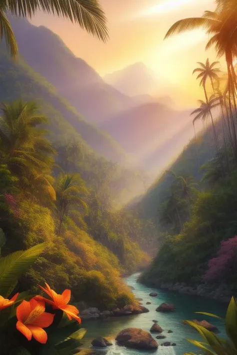 mountain valley, tropical forest, river, flowers, sunset, soft beams of light, soft shadows , <lora:add_detail:1>