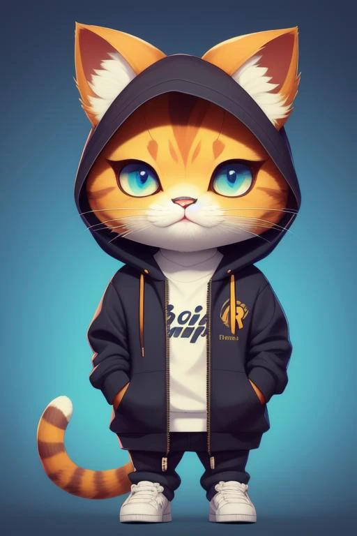 a cartoon cat wearing a hoodie and sneakers