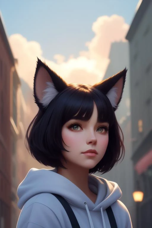 a woman with a cat ear and a hoodie in a city