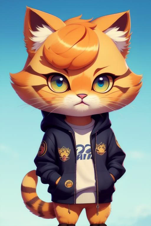 a cartoon cat wearing a jacket and standing on a rock