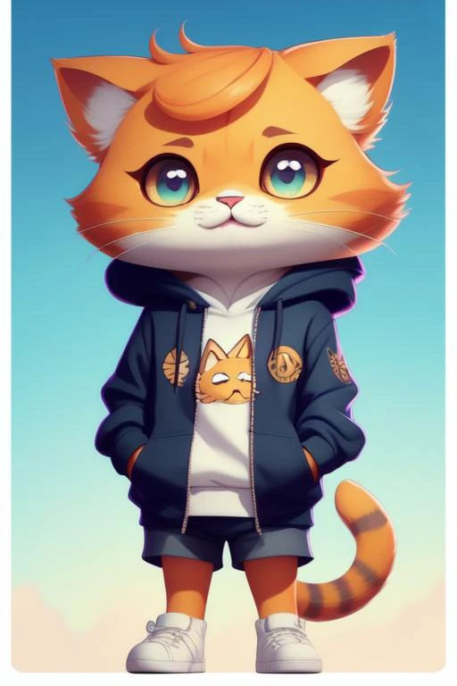 a cartoon cat wearing a hoodie and shorts standing in front of a blue sky