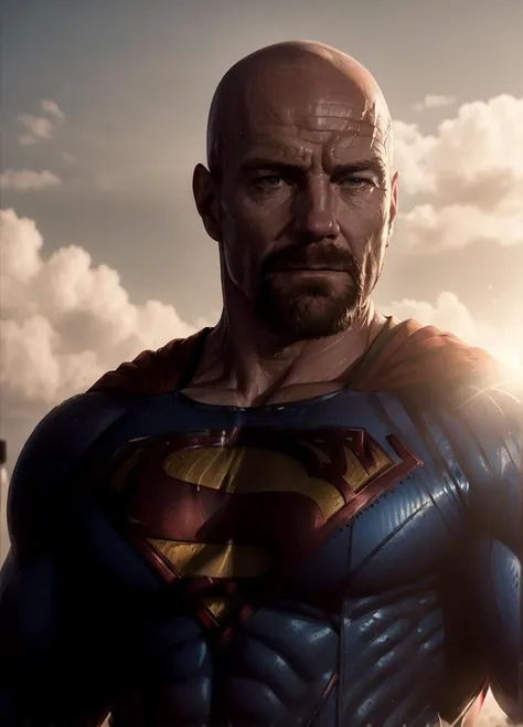 a close up of a man in a superman suit standing in front of a cloudy sky