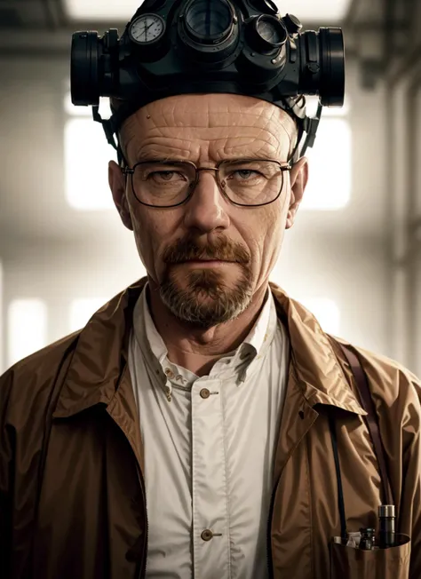 a close up of a man wearing a gas mask on his head