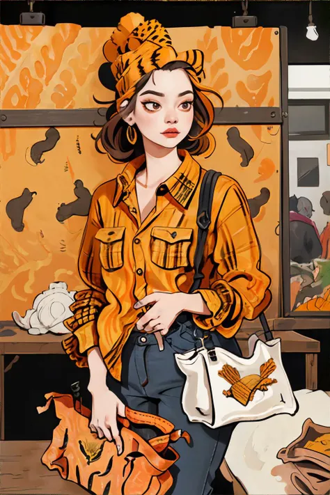 <lora:ricecakeinkedge:0.8>, inkart, portrait of a woman wearing turmeric animal print flannel shirt, tote bag || <lora:ricecakeinkedge:0.2>, inkart, masterpiece, 8k, high resolution, shallow depth of field, sharp focus