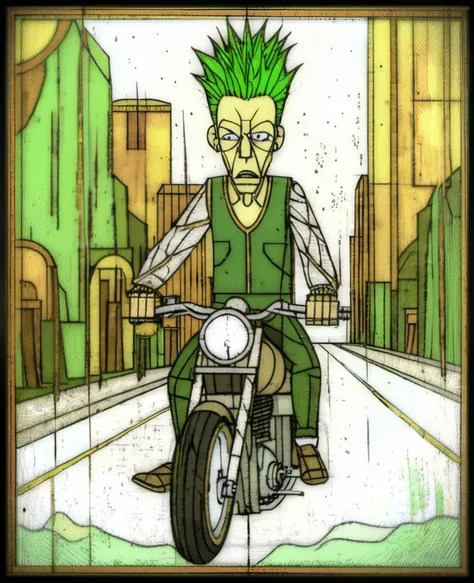 cartoon picture of a man with green hair riding a motorcycle