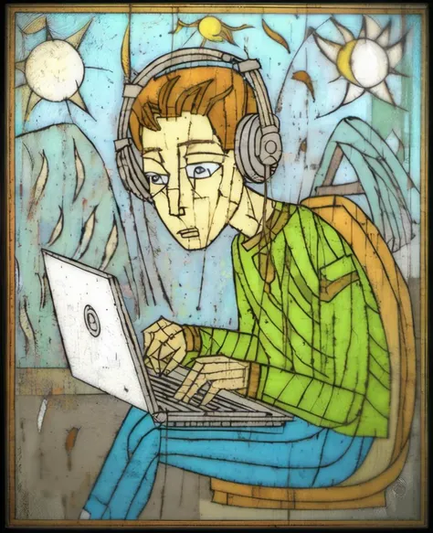 painting of a man sitting on a chair with headphones on using a laptop