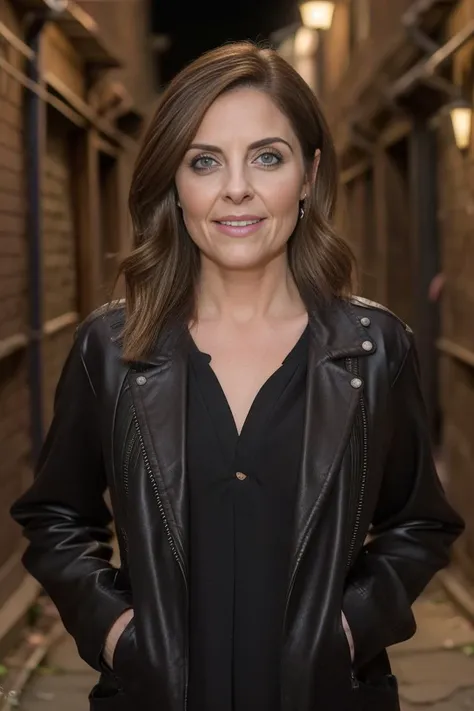 a woman in a black jacket standing in an alleyway