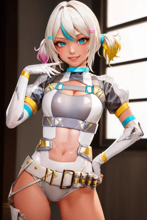 (masterpiece, best quality:1.2), cowboy shot, solo, 1girl, lola loading, smile, looking at viewer, hand on hip, twintails, hairclip, leotard, clothing cutout, cleavage cutout, elbow gloves <lora:vtuber_lolaloading:1.0>