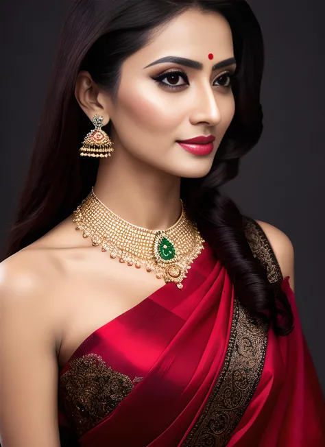 professional model shoot photo, 30yo milf girl look like Dhaka, Bangladesh(highly detailed:1.1), black (saree), perfect eyes, sharp focus, 8k high definition, insanely detailed, intricate, elegant, (red backgroung:1.1)