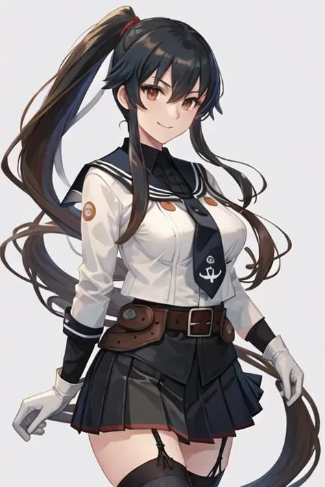 best quality, masterpiece, highres, solo, {yahagi_kantaicollection:1.15}, long_hair, black_hair, ponytail, red_eyes, sidelocks, breasts, hair_between_eyes, large_breasts, 1girl, belt, black_belt, black_sailor_collar, long_sleeves, sailor_collar, shirt, bel...