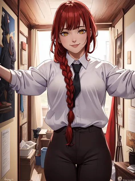 (masterpiece:1.2, best quality:1.1, highres,absurdres, high quality),(photorealistic:1.1),reflected light, colorful,ultra-detailed,8k, ultra hd, super detailed,
makima2,red hair, yellow eyes, (incoming hug),necktie,black pants,light smile,single braid, 
<l...