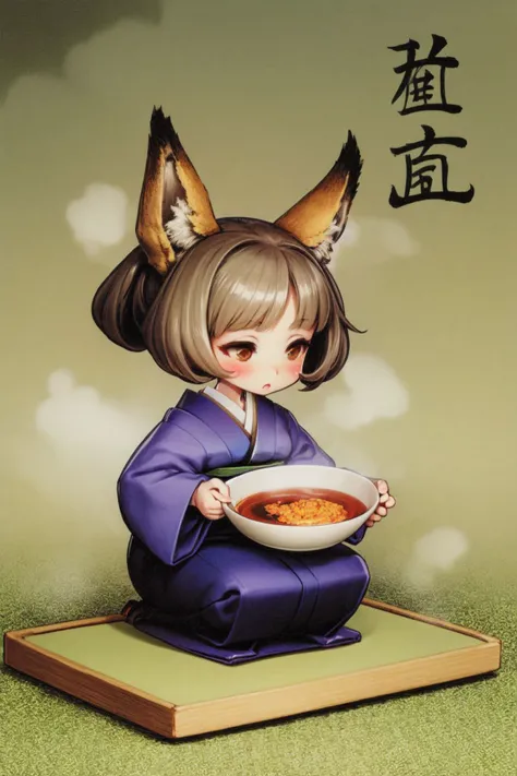 (chibi:1.8), (intricate details), (solo, 1girl, fox ears:1.1), squatting, eyelashes, light brown hair, uneven twintails, medium breasts, blush, seductive, collarbone, (ahegao :1.1), (light blue japanese clothing:1.25), (kanji calligraphy poem haiku:1.1), s...