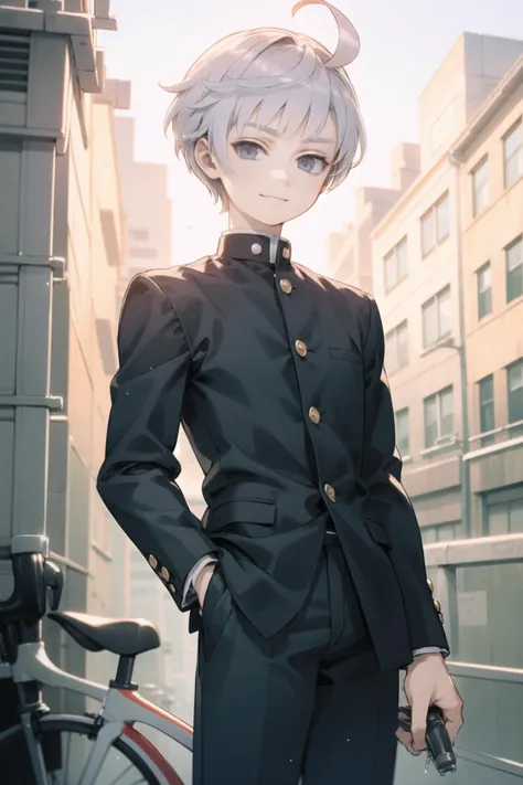 <lora:vanillaware_style_v04:0.8> 13sen,
<lora:okino-000025:1> okino, gakuran, short hair, bangs, ahoge,
1boy, bicycle, wall, dim, smirk, looking at viewer,