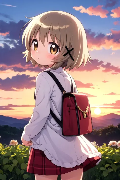 1girl,yuno,<lora:yuno-hidamari:0.7>,sunset,from behind,looking at viewer,