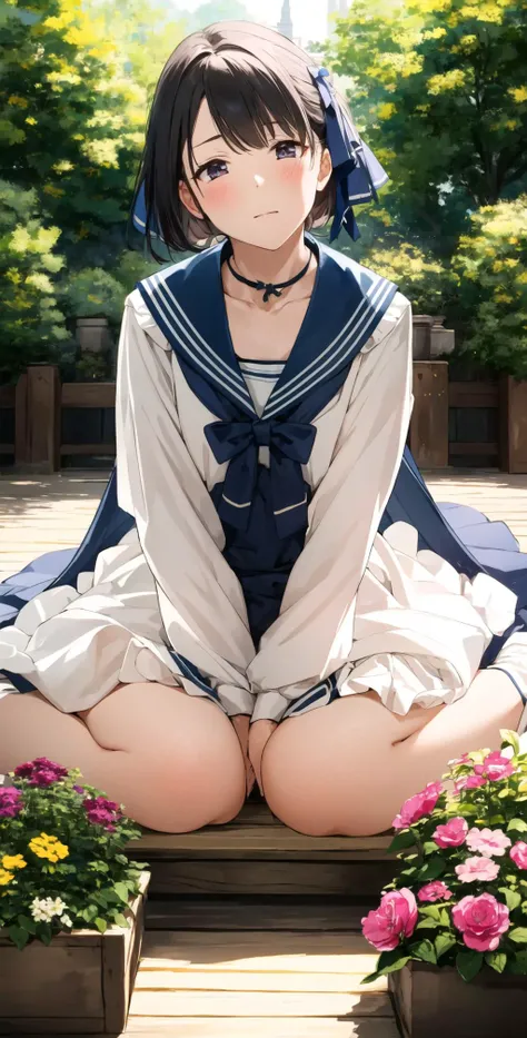 masterpiece, best quality, highres, BREAK,  <lora:SailorDress:1>,(saidr:1.2), ,  complex flower garden evening, , classical, front view,  seiza, , mature female,, pale skin, @vf_random:face