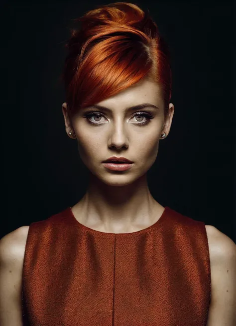 portrait of sks woman by Flora Borsi, style by Flora Borsi, bold, bright colours, orange Mohawk haircut, ((Flora Borsi)), <lora:locon_leniklum_v1_from_v1_64_32:1>