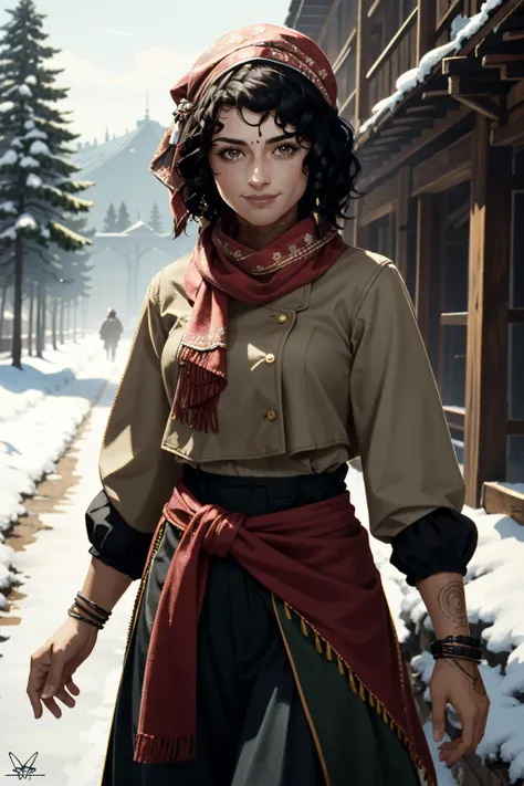 ((ultra detailed, masterpiece, absurdres))
<lora:PSophia:0.9>
PSophia, 1girl, solo, black hair, brown eyes, tattoo, dark skin, in a winter wonderland, cowboy shot, winter clothing, smile