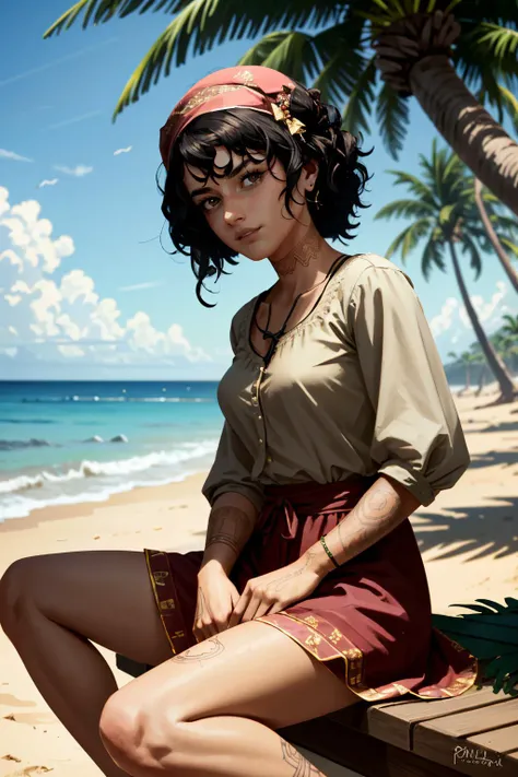 ((ultra detailed, masterpiece, absurdres))
<lora:PSophia:0.9>
PSophia, 1girl, solo, black hair, brown eyes, tattoo, dark skin, on the sandy beach, minidress, palm trees in the background, sitting cross-legged