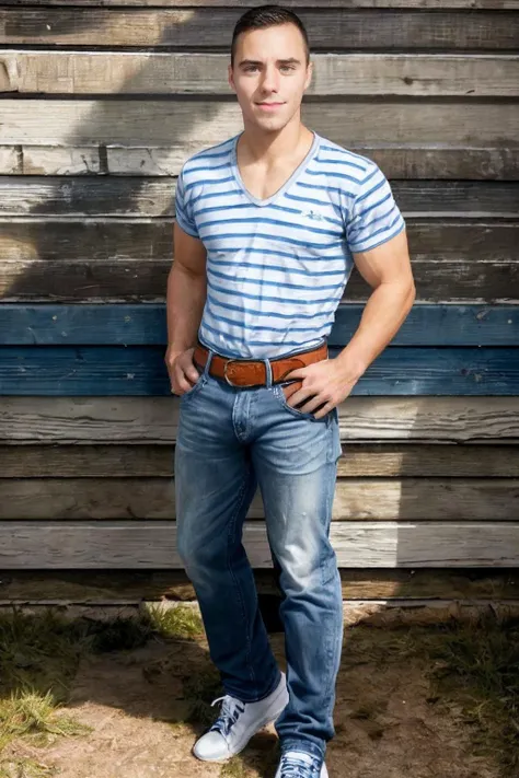 <lora:jake_dalton-04:0.75> photo of jake_dalton, natural relaxed expression, wearing a blue and white striped v-neck shirt and jeans and belt and sneakers, posing outdoors, leaning against a weathered distressed wooden wall, natural lighting, grass, gravel