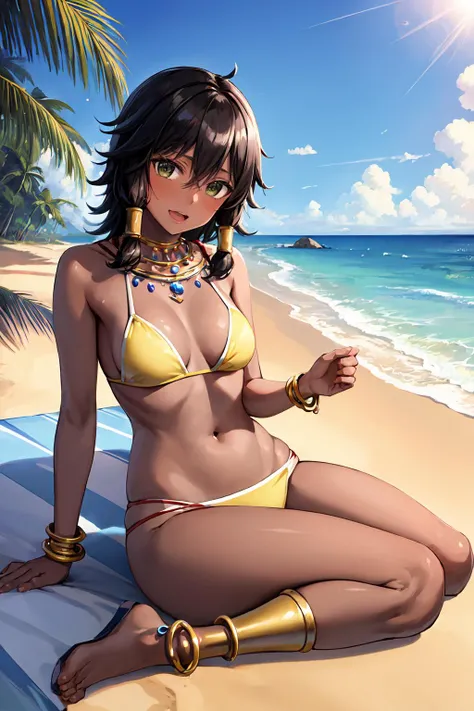 masterpiece, best quality, highres, tiona hiryute, (dark skin:1.2), necklace, anklet, held up, open mouth, bikini, <lora:tiona-nvwls-v1:0.9>, beach, ocean, sun, looking at viewer, teasing, sexy, <lora:add_detail:0.3>