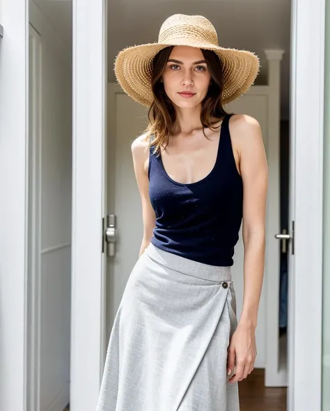 A 24 year old European woman wearing  Navy blue jersey tank top, striped cotton wrap skirt, and a wide-brim straw hat., with French bob hair,   in Winter Wonderland, *betterfashion*, professional photo,  Standing in the doorway pose, <lora:BetterFashion_Ca...