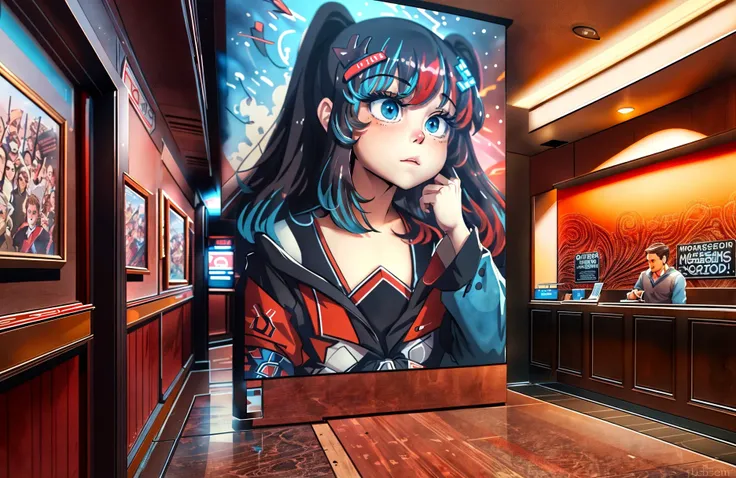 grainy,best quality, masterpiece,detailed illustration,
BREAK <lora:Switchchan:0.65>, , (switch-chan:1.1) watching posters with writing and pictures, thinking face, tilting head, annoyed,
BREAK movie theater lobby