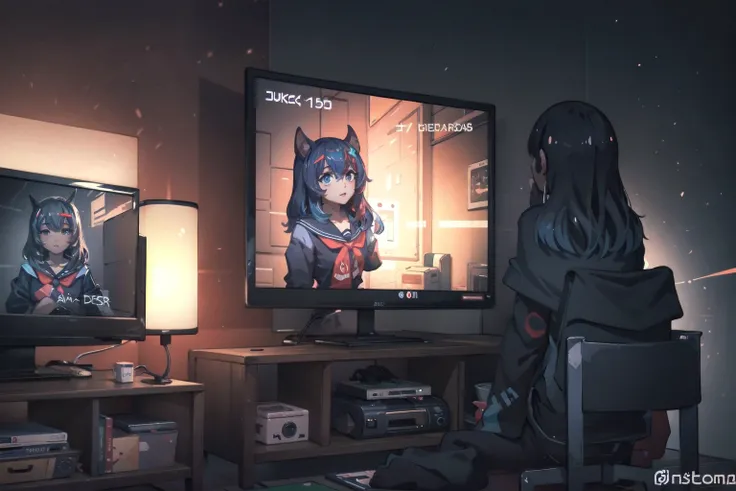 detailed, masterpiece, grainy, natural lighting, dynamic lighting,
BREAK <lora:Switchchan:0.6> switch-chan watching television
BREAK television
BREAK  <lora:Discordchan:0.6>, discord-chan coming out of television