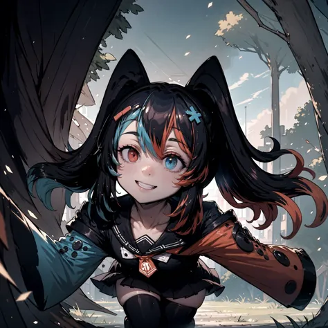 anime girl with black hair and blue eyes in a forest