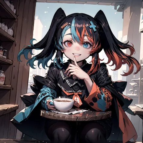 (masterpiece, best quality:1.3), <lora:switchchan2:0.9> , SwitchchanOutfit smiling, sitting in cafe, drinking coffee, detailed face, smiling, tilted head,soft skin, smooth skin, red eyes, blue eyes, heterochromia