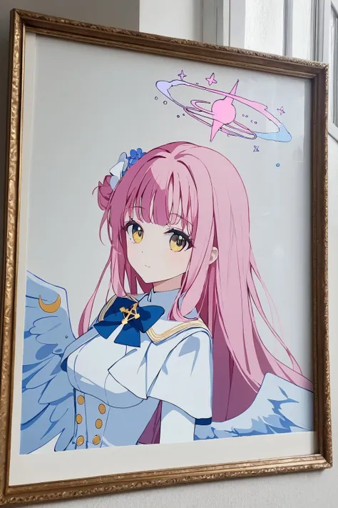 anime character with pink hair and angel wings in a frame