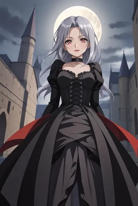 a woman in a black dress standing in front of a castle