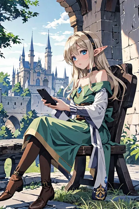 anime girl sitting on a bench with a cell phone in her hand