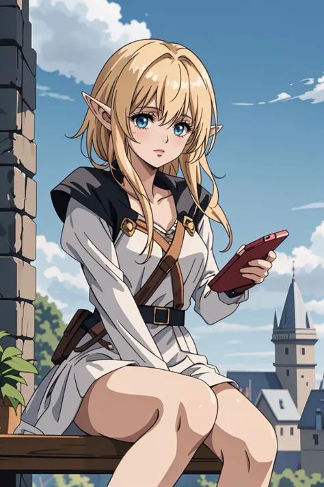 1 elf girl using (smartphone), fantasy background, top of castle, sitting, blue sky, soldier