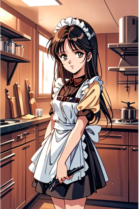 1 maid girl, holding gun, rifle, machine gun, kitchen