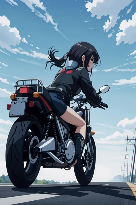 1girl riding motorcycle, back view